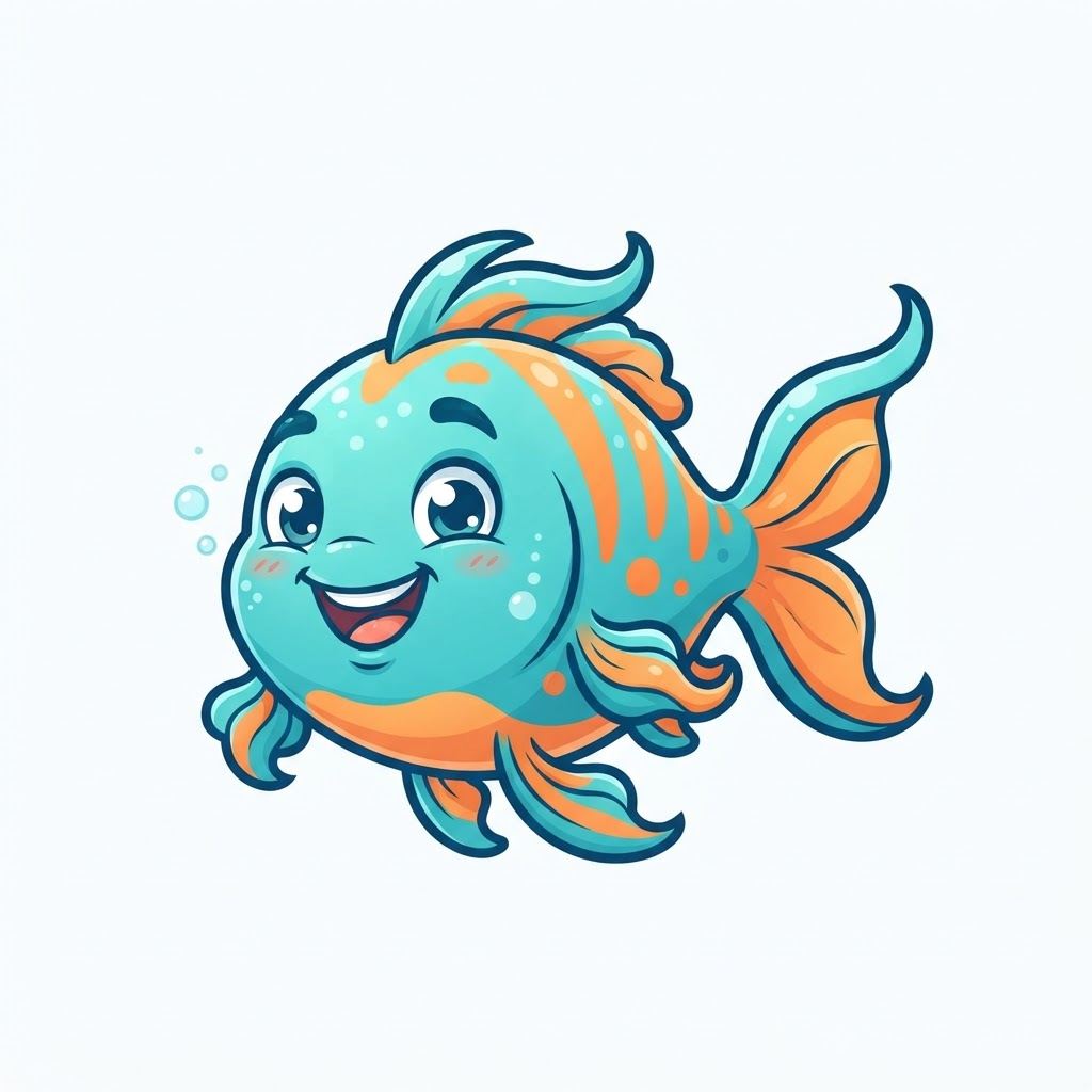 A friendly cartoon fish generated by the Thinking Fish engine
